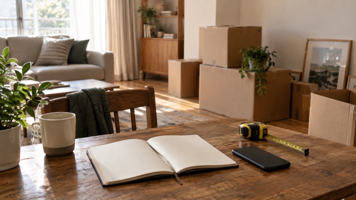 引っ越し途中の部屋に置かれた段ボールと採寸道具